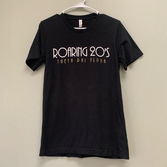 Roaring 20's Theta Phi Alpha Black & Gold V-Neck T-Shirt Short Sleeve Size Small - Picture 1 of 8
